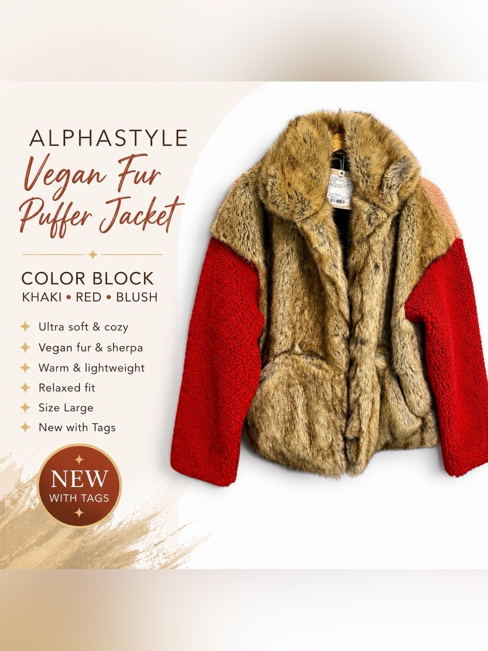 AlphaStyle Vegan Fur Color Block Sherpa Puffer Jacket Khaki Red Blush Size Large